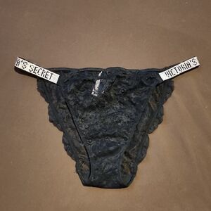 Victoria's Secret Very Sexy Black Lace Bikini with Logo Rhinestone Straps NWT XL